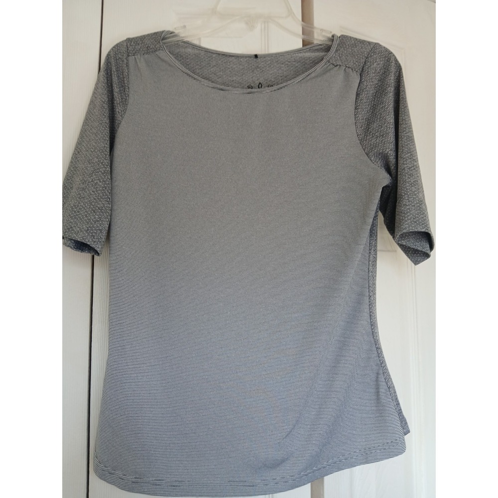 Prana Women's Short Sleeve T Shirt Top  Gray Polk Dot Stripe  Medium  Outdoor